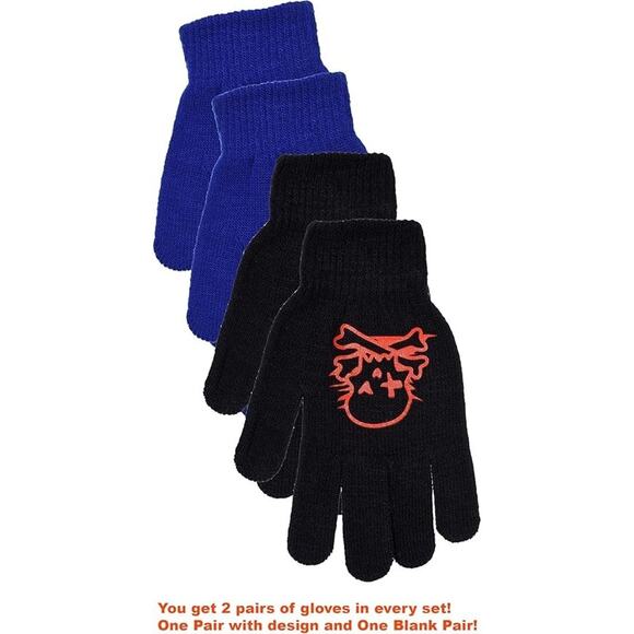 Boys 2 pairs of Gloves: 1-Halloween AND 1-Blue (Skull/X-bones Red) - Picture 1 of 3